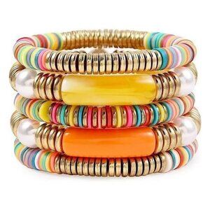 Vibrant Multi-Color Disk Bead Bracelet Bundle Stretch Fit Summer Jewelry